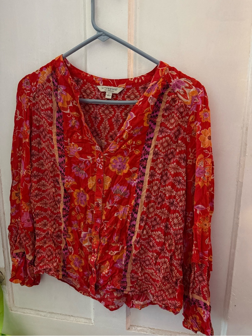 Liverpool Red Floral Button-Front Blouse with Tie Detail